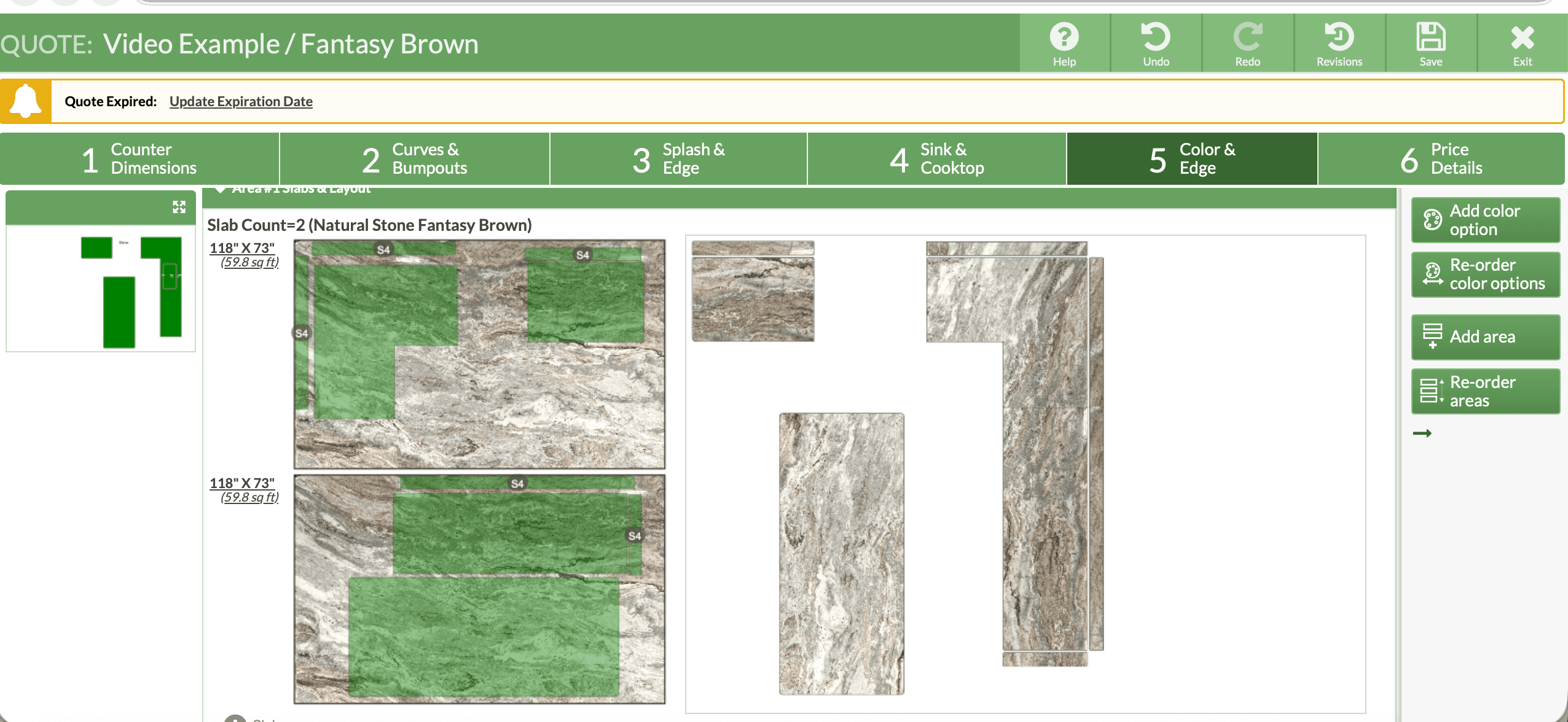 Moraware digital layout showing countertop cuts mapped onto actual slab photos before fabrication begins