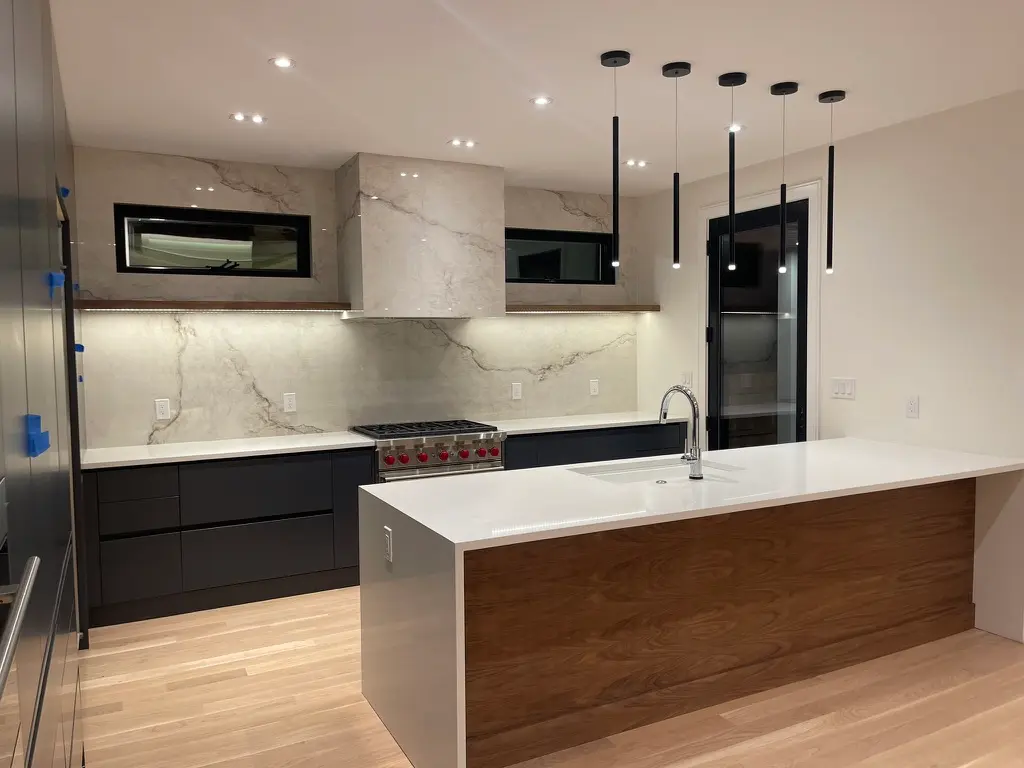 White quartz kitchen counters installed in Brookline, MA