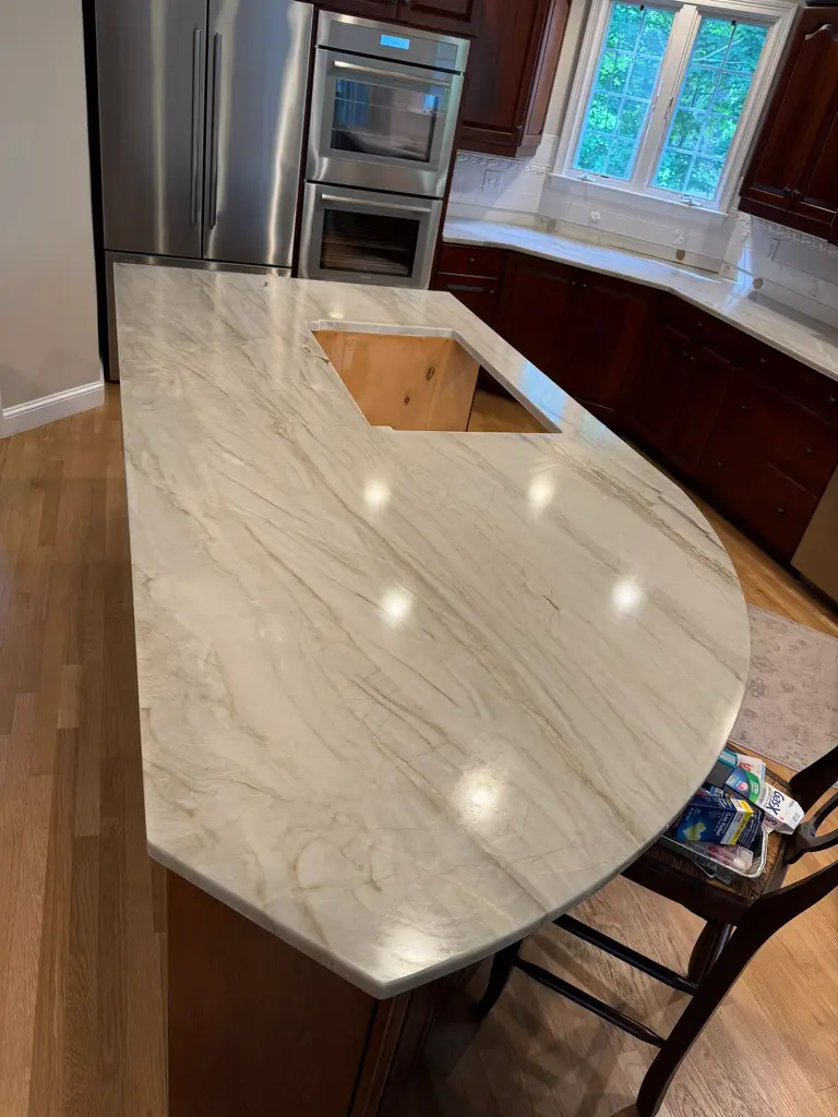 White Taj quartzite countertops in Shrewsbury, MA