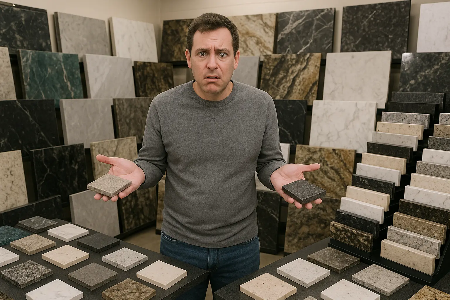 Confused customer overwhelmed by too many stone options in showroom