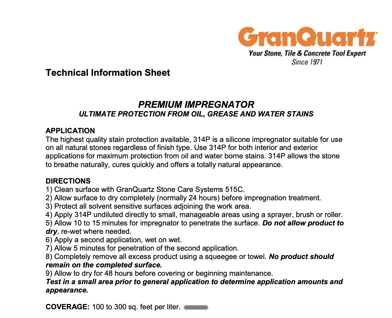 GranQuartz 314P Premium Impregnator technical information sheet showing application directions